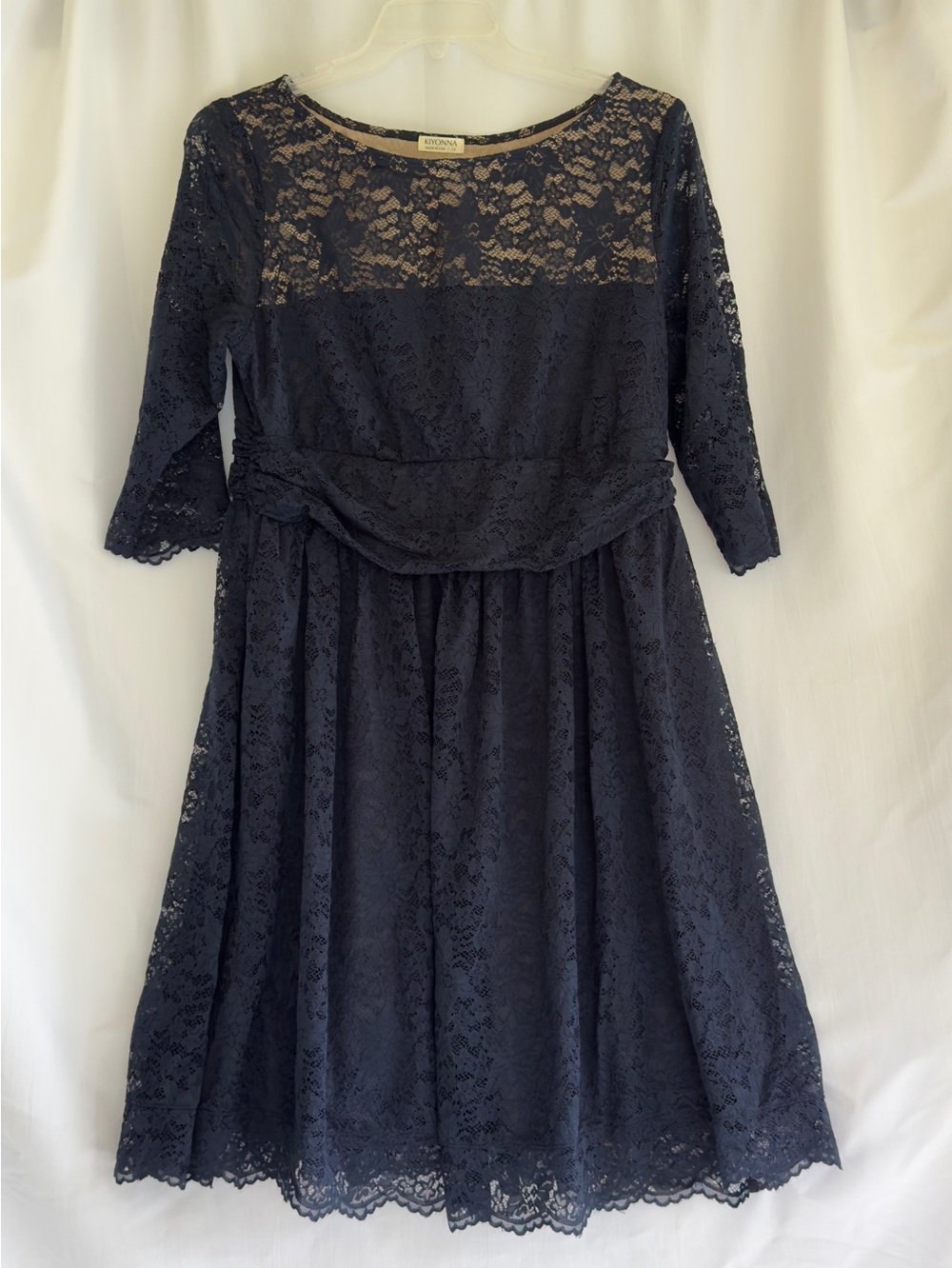 Kiyonna Luna Women’s Navy Lace A-Line Dress with Scalloped Hem 1X